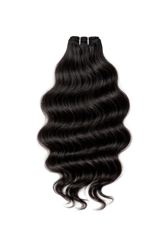 Black hair extensions with loose waves on a white background